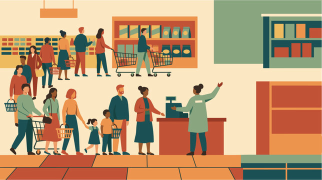 Grocery store interior with diverse shoppers queuing at checkout