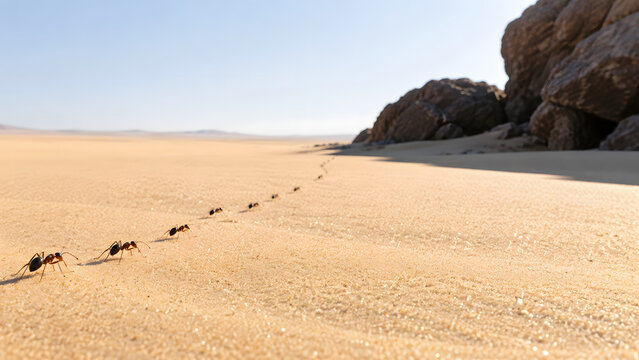 Ants marching across sandy desert landscape, showcasing their determination and teamwork in harsh environment