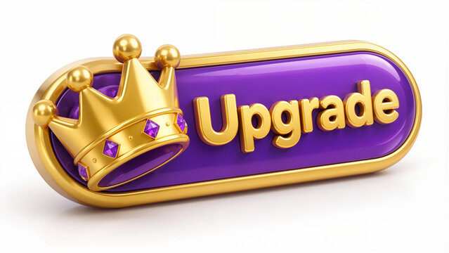 3D Render of Golden Upgrade Button with Royal Crown and Purple Enamel, UI Icon for Premium Subscription, VIP Membership, Game Asset, or Account Level Up