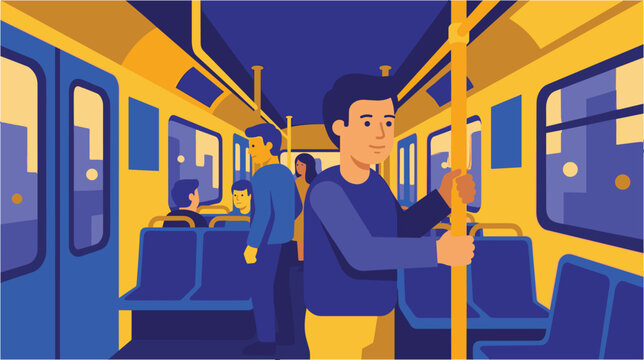 Man holding pole inside public transportation, commuting, pixel art