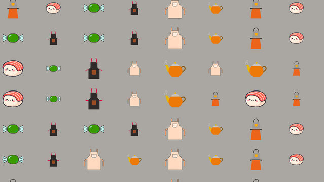 Cute food and kitchen icons pattern