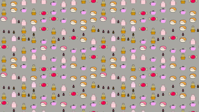 Cute food and kitchen pattern with sushi, teapots, aprons, and candy