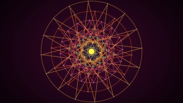 Nested gold, pink and turquoise star polygons rotating in alternate directions with glowing lines on deep purple