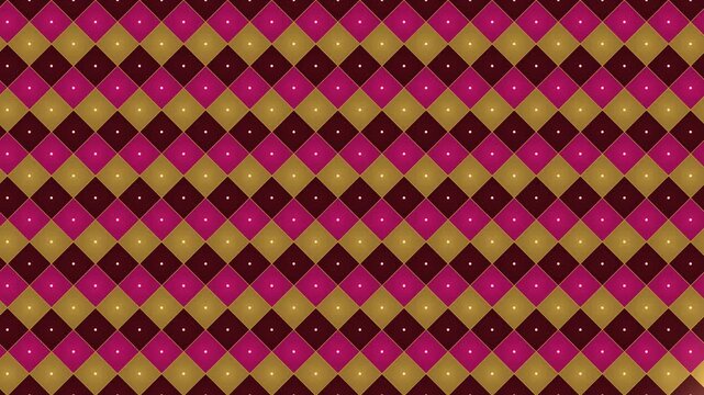Harlequin diamond pattern in maroon, magenta and gold with a shiny foil sheen and glints sweeping across