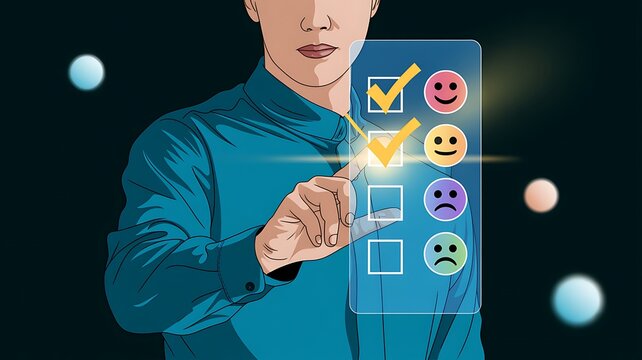 Customer feedback concept with digital checklist and satisfaction rating icons