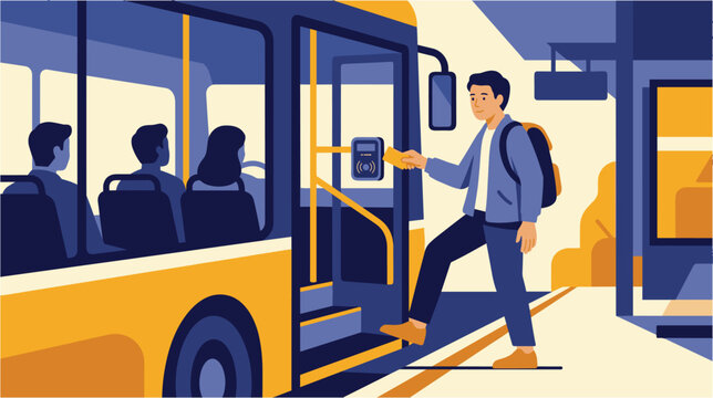 Man with backpack boarding a bus, inserting ticket into validator
