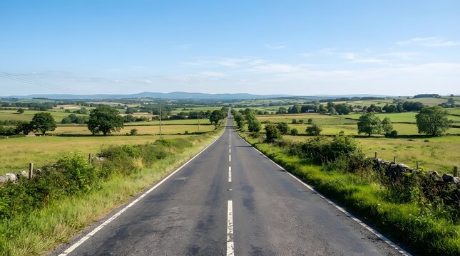 Scenic countryside road through rolling hills