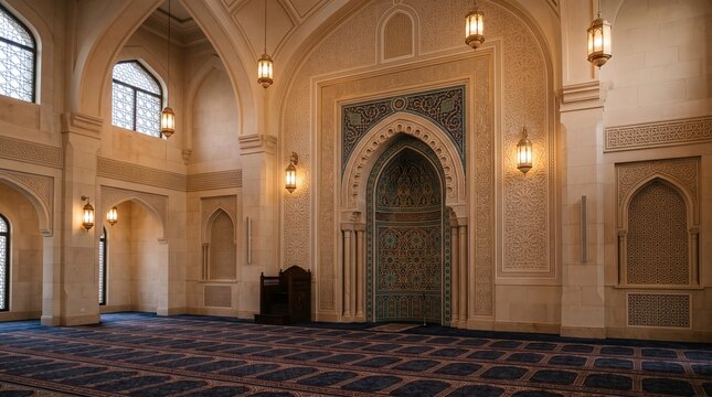 Interior View of a Mosque Prayer Room Featuring an Ornate Mihrab with Blue Mosaic Tiles, Intricate Stone Carvings, Traditional Hanging Lanterns, and a Patterned Blue Carpet Floor.