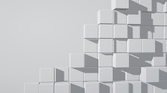 Abstract 3D geometric pattern of white cubes arranged in a staircase formation with soft shadows and light Loop