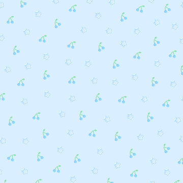 ライトブルー背景のさくらんぼと星柄シームレスパターン背景