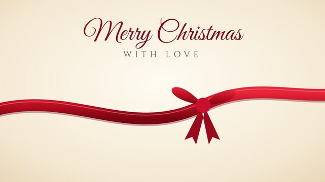 Elegant Merry Christmas With Love Greeting Card Design Featuring a Red Ribbon and Bow on a Cream Background