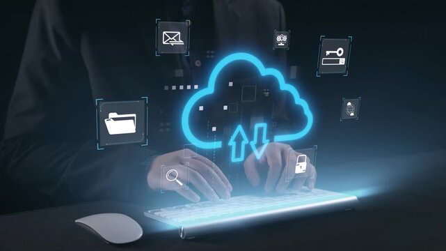 A professional captures the essence of cloud computing with hands typing on a backlit keyboard. Digital icons and cloud symbols illustrate modern data transfer and storage. Qubit