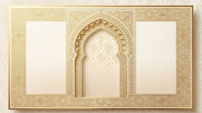 Elegant Arabic wedding invitation template with gold foil ornate frame, Islamic geometric star patterns, central archway design, and blank off-white panels for text insertion.