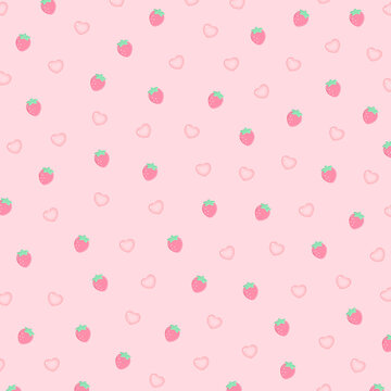 パステルピンク背景のいちごとハート柄シームレスパターン背景