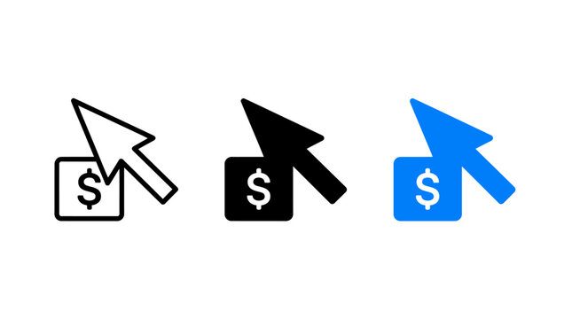 Cost Per Click Vector Icon Set with Currency and Mouse Pointer Symbols