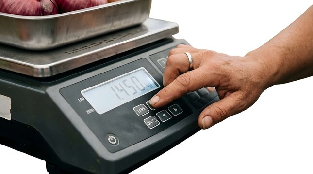 Person pressing tare button on digital scale with red onions in tray