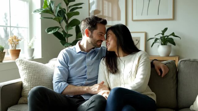 Intimate interaction between men's and women's living room sofas, warm home interaction for couples