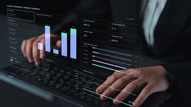AI specialist works on a laptop. Context reuse and token allocation are monitored alongside AI request activity, illustrating how inference performance and resource costs can be examined.