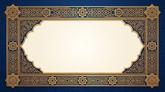 Ornate Islamic frame with intricate gold arabesque patterns and geometric star motifs on a navy blue background with a central cream scalloped empty space for custom text.