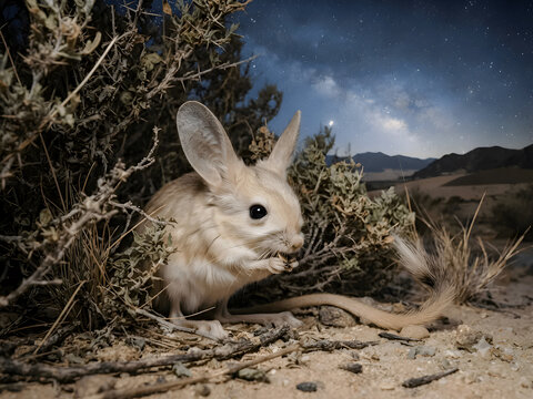 long-eared jerboa hiding behind desert plants