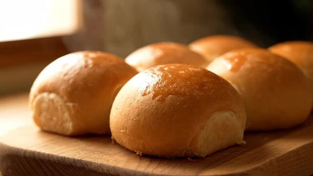 Close-up of fresh bread on a wooden plate and freshly baked buns