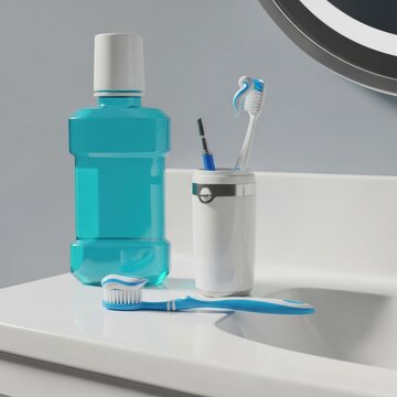 Dental hygiene set with blue mouthwash bottle, toothbrushes with striped toothpaste, and dental tools in a white holder on a modern bathroom counter with a mirror in background.