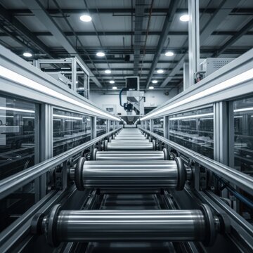 Low-angle symmetrical perspective of a mechanical roller conveyor belt system in a modern automated factory facility with polished metal rollers and industrial lighting.