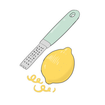 Cute digital illustration of a lemon zester grater with a fresh yellow lemon and zest curls