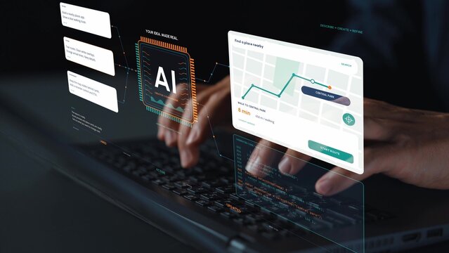 An AI coding workflow brings a navigation prompt, implementation code and a map interface together, illustrating the prototyping of location-based software.