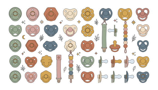 Baby Pacifier and Pacifier Clip Vector Set Featuring Dummy Soother Icons in Boho Earthy Colors for Newborn Care Infant Product Brands and Parenting Designs