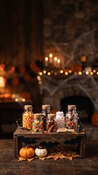 Halloween party treats with candy jars and pumpkins on a rustic wooden table in a spooky room