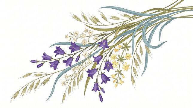  Diagonal botanical arrangement featuring purple bellflowers, yellow blooms, and wild grasses on a white background.