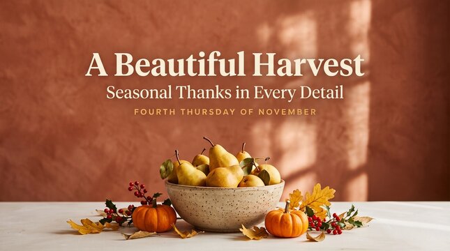 Autumn Harvest Thanksgiving Greeting Banner, Fresh Pears in Ceramic Bowl with Pumpkins and Leaves