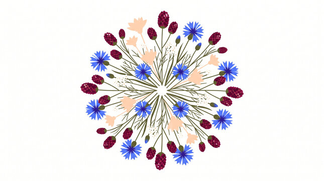 Circular floral wreath with blue cornflowers, red clover, and beige blooms on a white background.