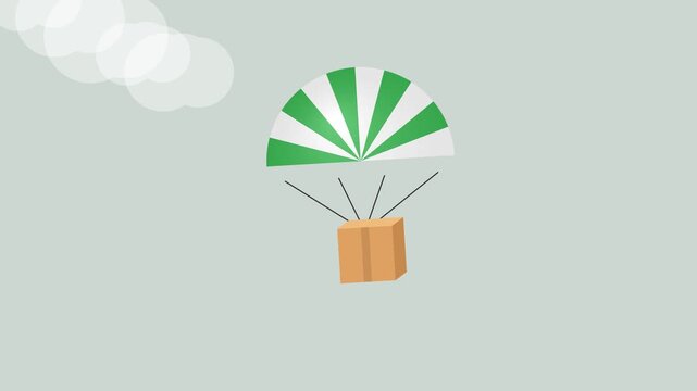 Delivery box floating with a green and white striped parachute