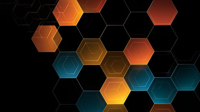 Interconnected hexagonal grid pattern shining with orange and teal hues, representing a complex technological network background concept for innovation