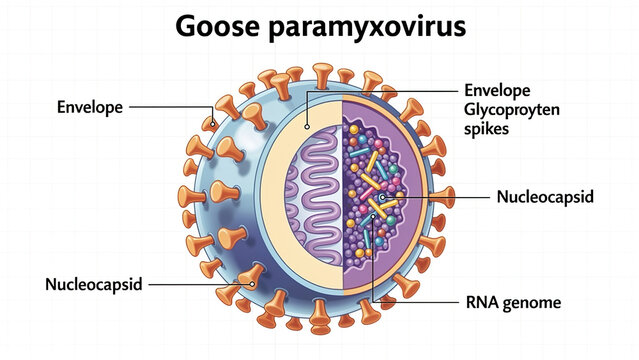 Goose Paramyxovirus 3D Medical Illustration, Labeled Virion Cross Section with Envelope, Glycoprotein Spikes and RNA Genome