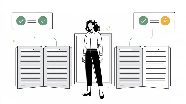 A professional stands between three open source documents, reviewing information against an AI-generated answer in a clear cross-verification process.