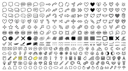 Fototapeta premium Extensive doodle icon set featuring speech bubbles arrows hearts stars and office supplies for creative visual communication design and presentation projects.