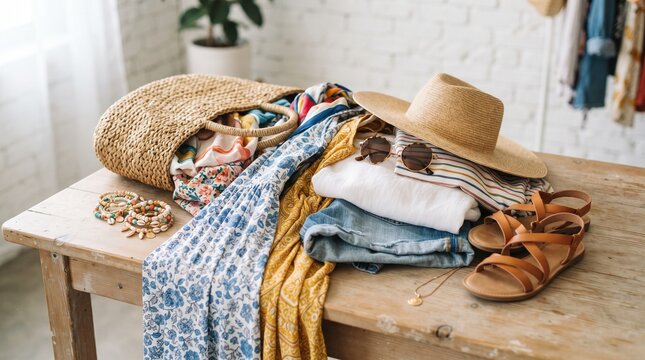Studio shot photo of a pile young woman summer clothes and accessories on table