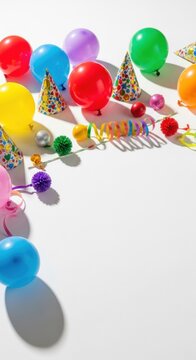 Vertical composition featuring colorful party decorations including latex balloons, polka dot party hats, streamers, and pom-poms on a white background with ample copy space.