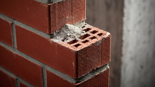 Close up macro of perfect masonry corner with red perforated bricks and neat gray cement mortar joints, dry cement powder on top, professional bricklaying craftsmanship detail.