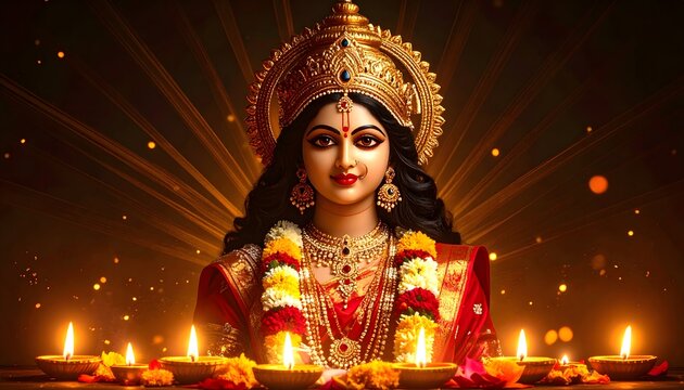 Goddess Durga Portrait with Golden Crown and Glowing Diyas  Navratri Festival Banner