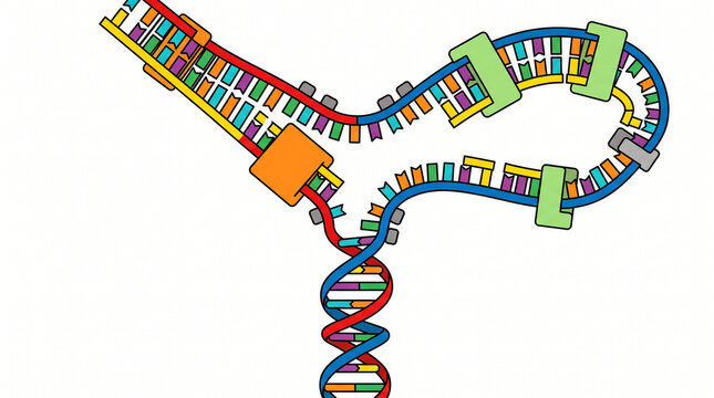 A complex diagram showing DNA replication or RNA transcription process in molecular biology