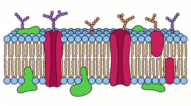 A detailed diagram illustrating the complex structure of a cell membrane with various embedded proteins and glycoproteins