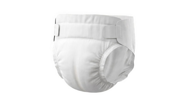 A clean white baby diaper is presented isolated on transparent background, featuring soft absorbent fabric and adjustable side tabs for commercial design