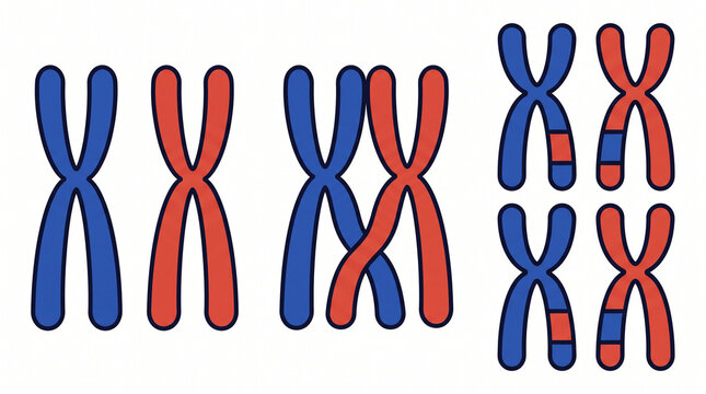 A series of colorful diagrams showing homologous chromosomes undergoing genetic crossing over and recombination