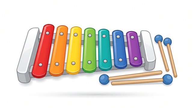 Colorful wooden xylophone toy with mallets isolated on white background