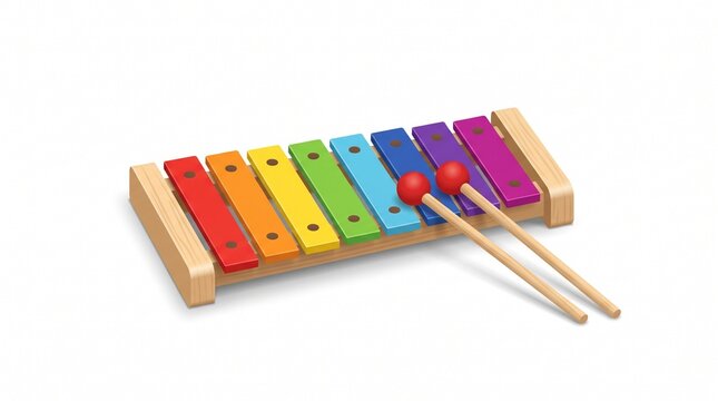Colorful wooden xylophone toy with mallets on white background