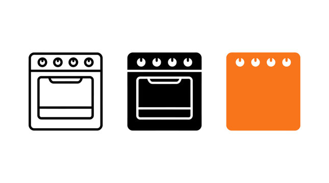 Kitchen range oven appliance icon set in outline solid and orange styles